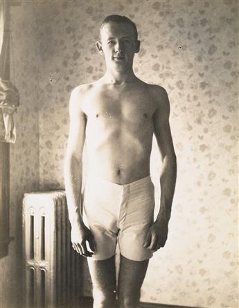 (SNAPSHOTS) Group of 4 photographs of a guy in white shorts posing and flexing for the camera.